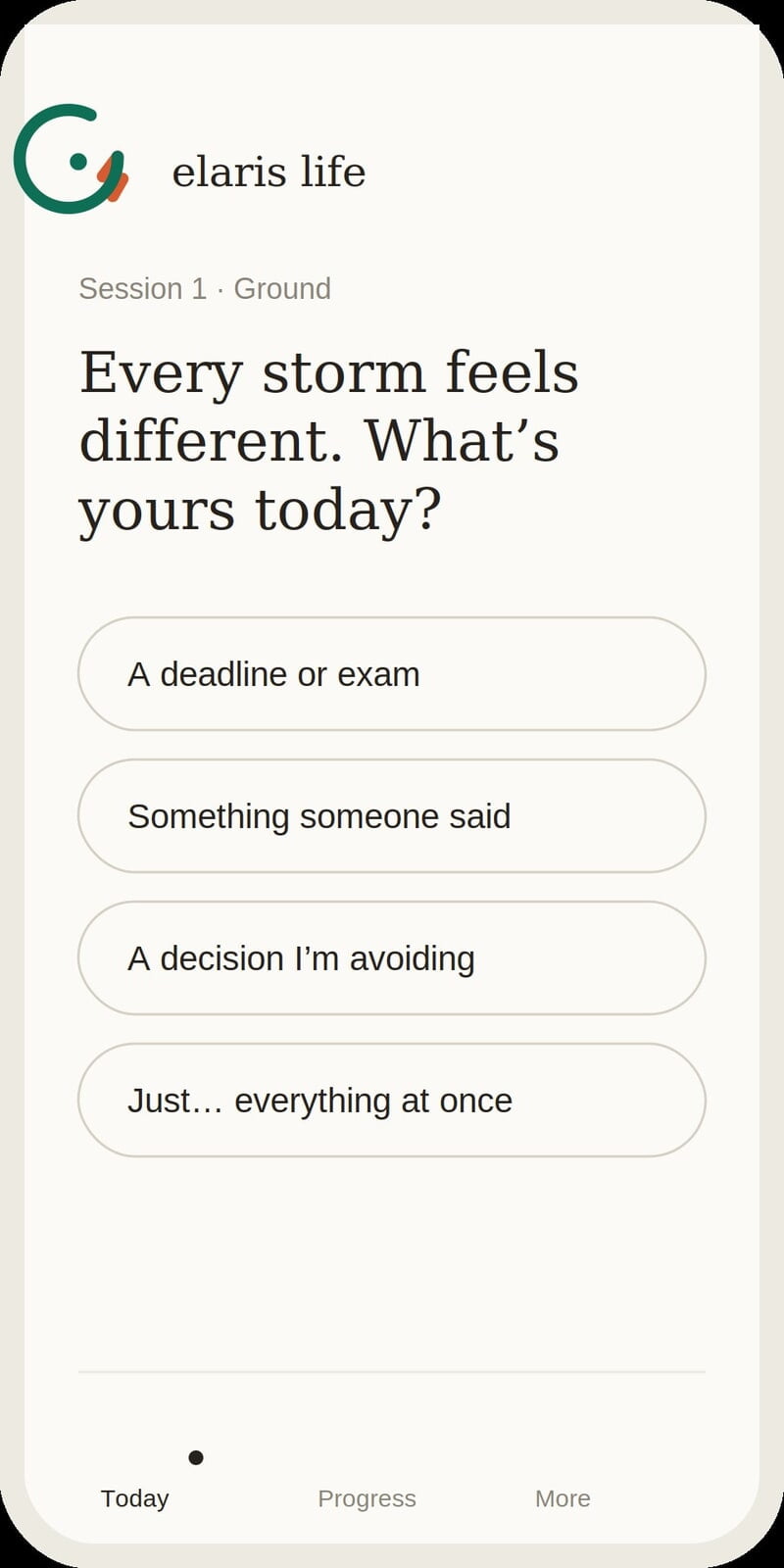 Elaris Life app screen showing a daily reflection session